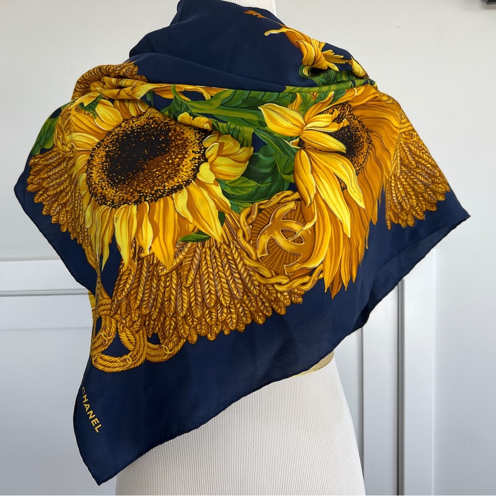 Stunningly beautiful twill silk Chanel Scarf with Yellow Sunflowers and Wheat